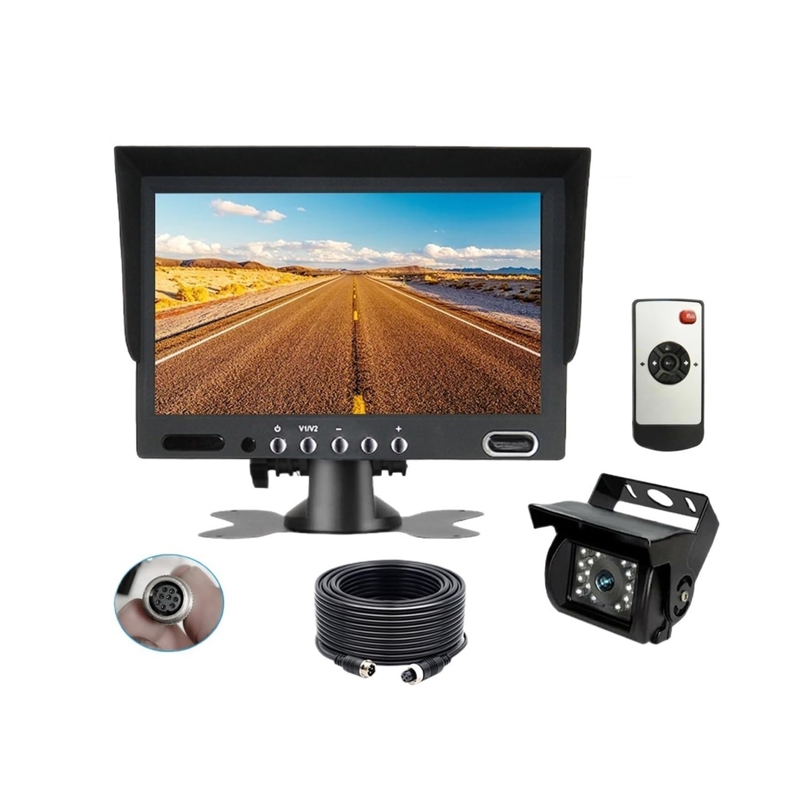 KKGHYYMG 7-Zoll-LCD-Monitor, 2-Kanal-Videoeingang und 2-Kanal-Audioeingang, 8-poliger Metallanschluss + 4-polige Rückfahrkamera, 12–24 V, for LKW(Cam Without Mic Kit) von KKGHYYMG