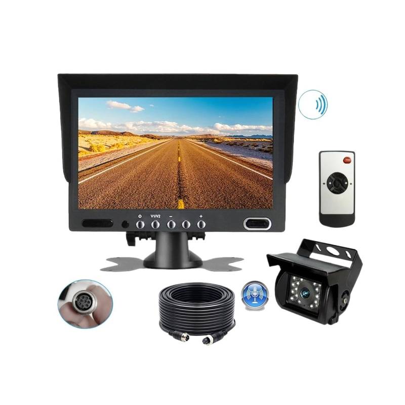 KKGHYYMG 7-Zoll-LCD-Monitor, 2-Kanal-Videoeingang und 2-Kanal-Audioeingang, 8-poliger Metallanschluss + 4-polige Rückfahrkamera, 12–24 V, for LKW(Cam with Mic Kit) von KKGHYYMG