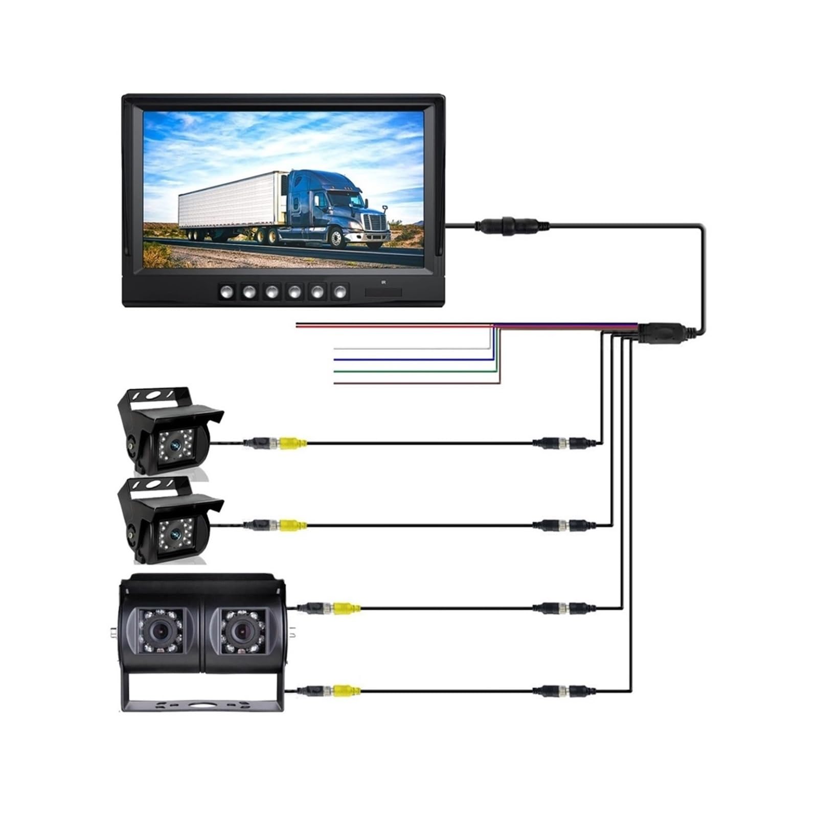 KKGHYYMG 9-Zoll-Quad-Monitor, geteilter Bildschirm, Dual-Head-Rückfahrkamera, 2 quadratische Rückfahrkameras, 12–24V, kompatibel mit LKW-Anhänger, Wohnmobil, Wohnwagen von KKGHYYMG