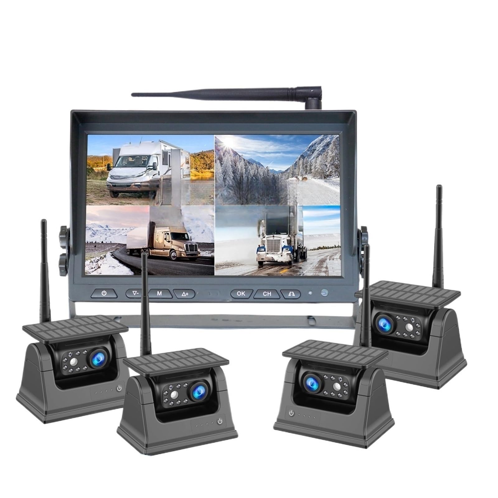 KKGHYYMG Digitaler kabelloser 10,1-Zoll-Quad-Monitor, DVR-Standby-Modus + 4 x Solarpanel, Magnetfuß, Batterie, Rückfahrkameras, LKW von KKGHYYMG