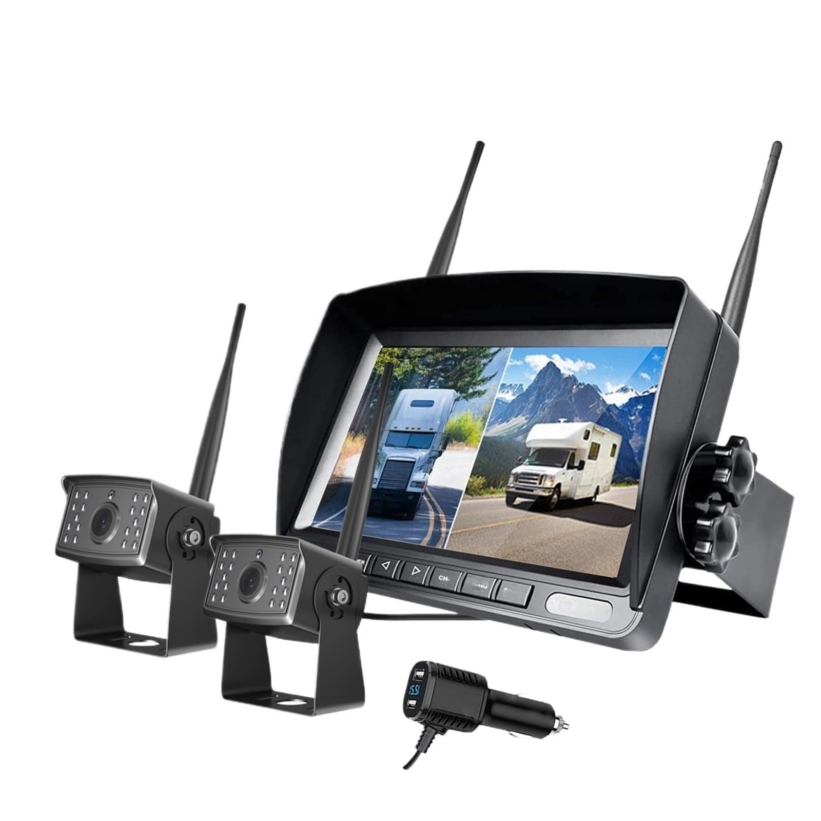 KKGHYYMG Drahtlose Rückfahrkamera, 7-Zoll-DVR-Monitor, Ladegerät mit Dual-USB-Spannungsanzeige, 1080P-Nachtsicht for PKW, LKW, Wohnmobil, Va(2 Camera Kit) von KKGHYYMG