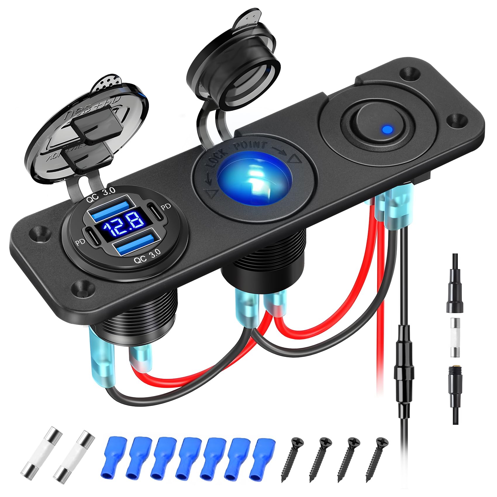 KKMOL 12 volt steckdose, 3 in 1 Marine Schalttafel Kombination mit 4 USB-Anschlüssen, Dual PD und Dual QC3.0 USB Ports Aluminium Autoladegerät, 150W Ladegerät Panel mit Power Switch LED Voltmeter von KKMOL