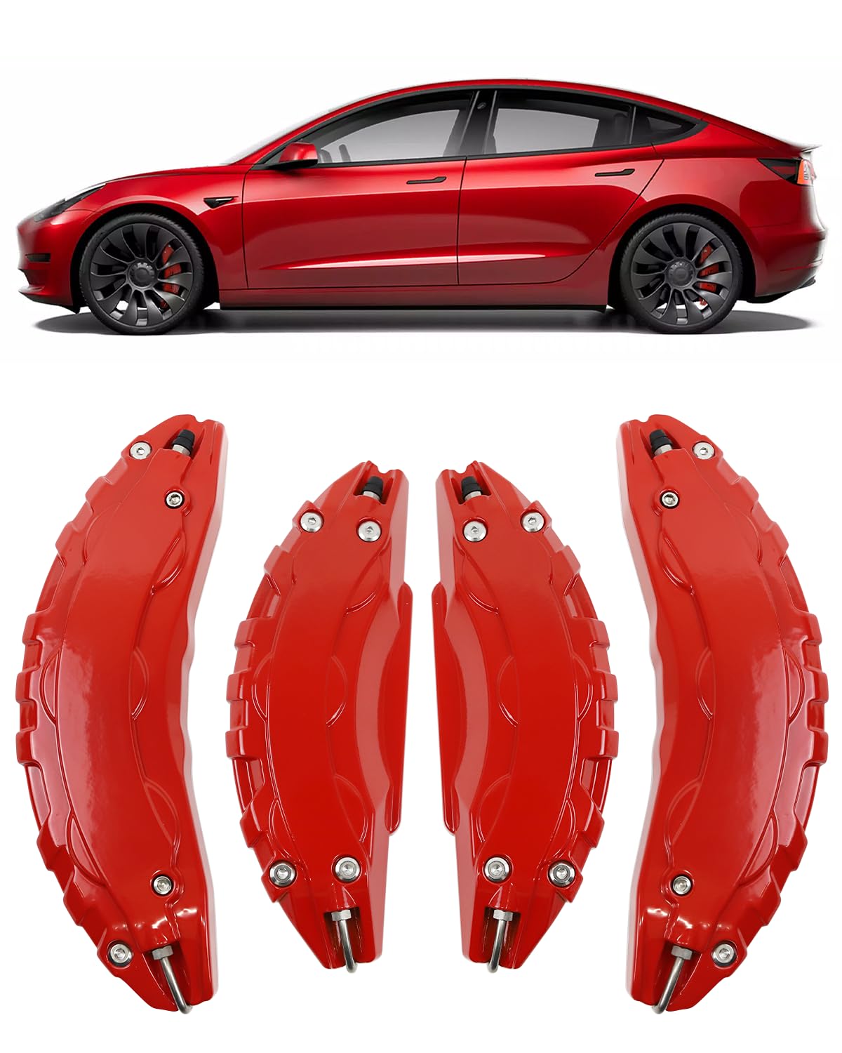 Bremssattelabdeckung passend für Tesla Model 3 2019 2020 2021 2022 Radgröße 18 Zoll 19 Zoll,Bremssattelschutz Verbessertes Modellzubehör (Rot-Model 3) von KKTR-CAR