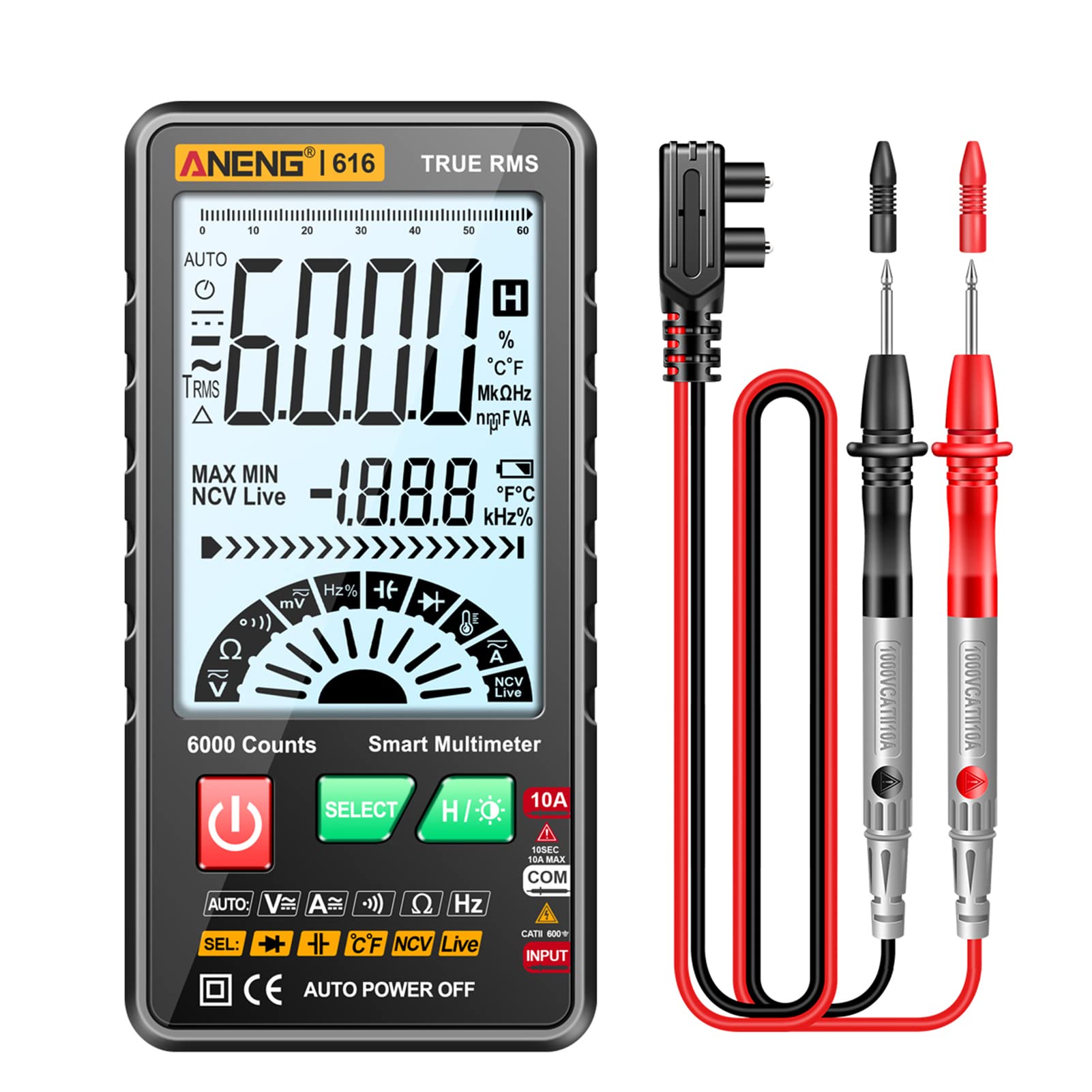 KKnoon ANENG 616 Smart Digital Multimeter Auto Range 6.000 Counts NCV Universal Meter True RMS Handheld Multifunktionaler Tester Voltmeter Amperemeter mit Hintergrundbeleuchtung Taschenlampe von KKnoon