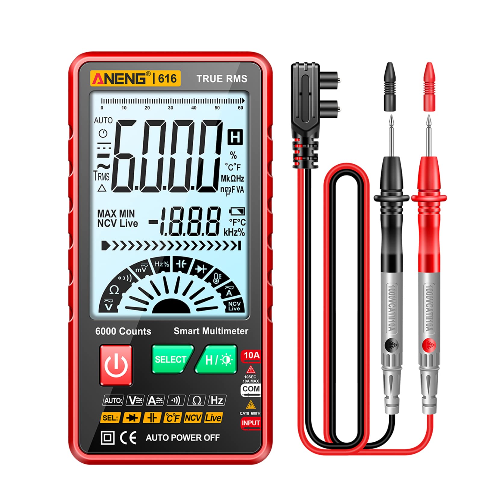 KKnoon ANENG 616 Smart Digital Multimeter Auto Range 6.000 Counts NCV Universal Meter True RMS Handheld Multifunktionaler Tester Voltmeter Amperemeter mit Hintergrundbeleuchtung Taschenlampe von KKnoon