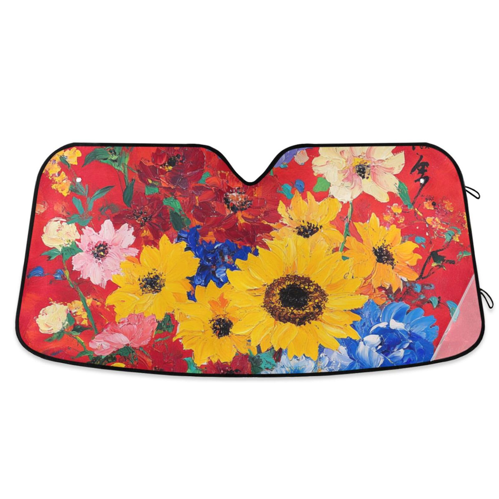 KLL Auto-Sonnenschutz, faltbar, Hitzeschutz, Para Sol Para Ventana de Casa, 134 x 69 cm, Frühlingsblumen, Sonnenblume, Kornblume, Pfingstrosen, Rot von KLL