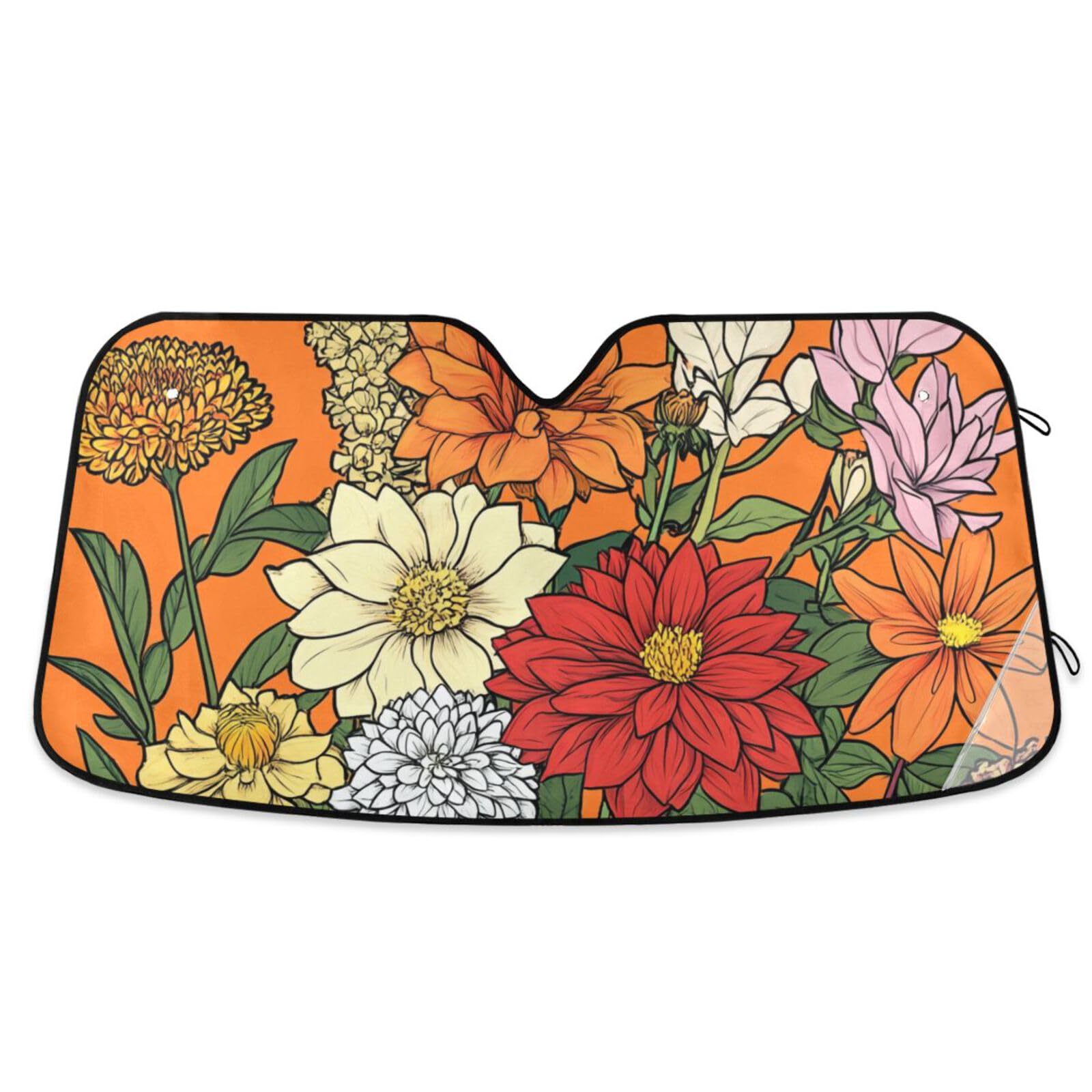 KLL Sonnenschutz, faltbar, Hitzeschild, Tapasoles, Para Carro, 134 x 69 cm, Blumen, Dahlie, Gardenie, Gladiolen, Orange von KLL