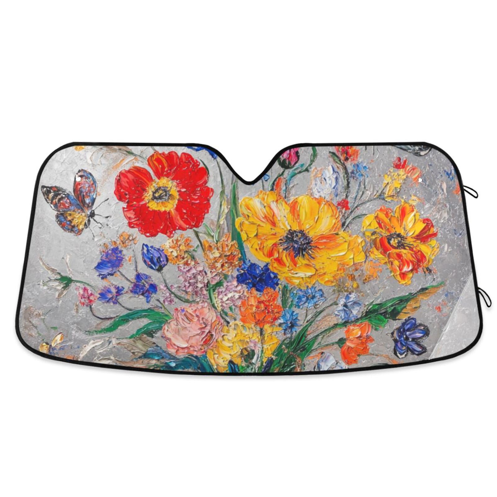 KLL Sonnenschutz für Auto, Klappschutz, Solar-Acesorios Para Carros Autos, 134 x 59 cm, Nelke, Blume, Schmetterlinge, Bienen, Silber von KLL