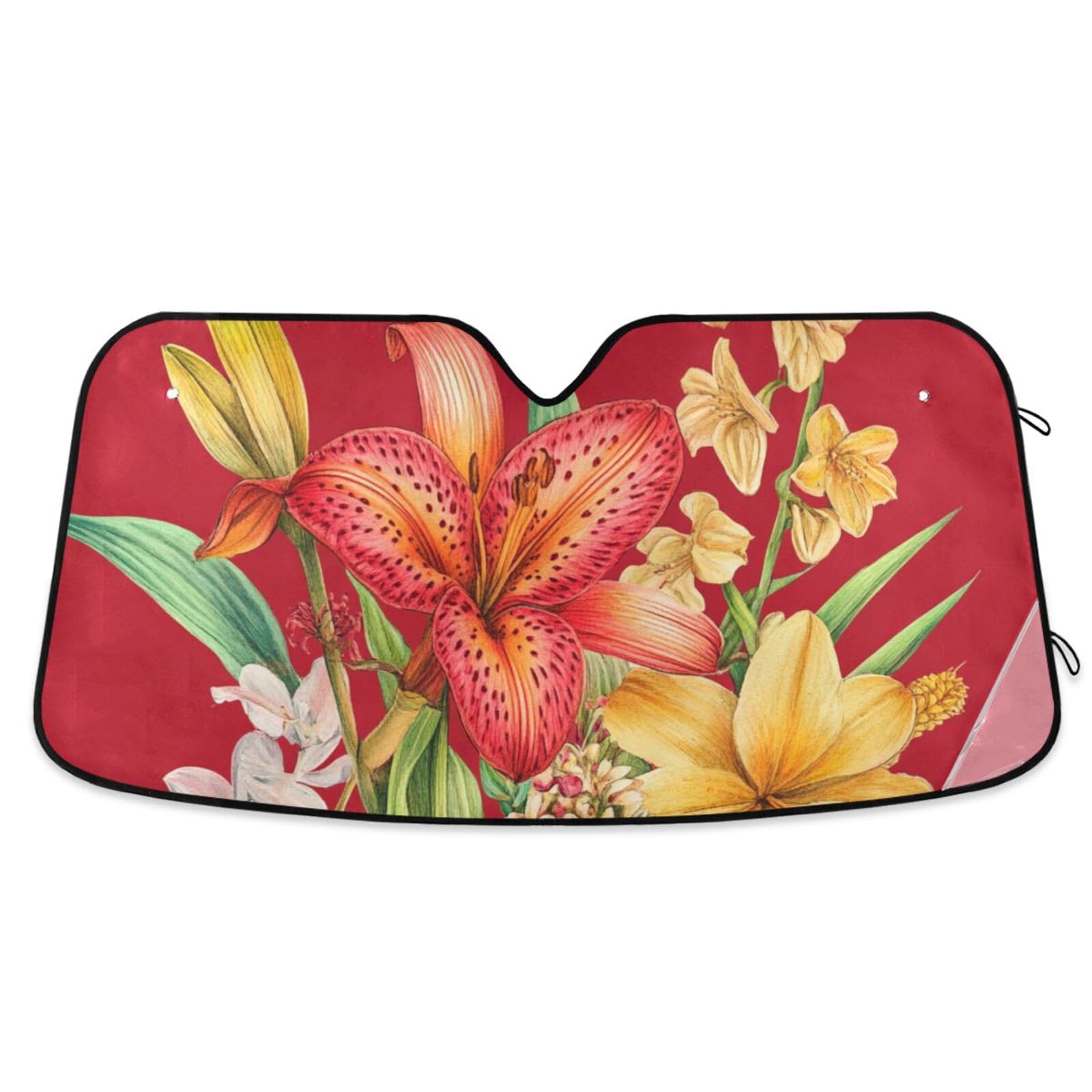 KLL Sonnenschutz für Auto, faltbarer Hitzeschutz, Parabrisas Delantero, 140 x 70 cm, Blumenmuster, Lilien-Canna-Rot von KLL