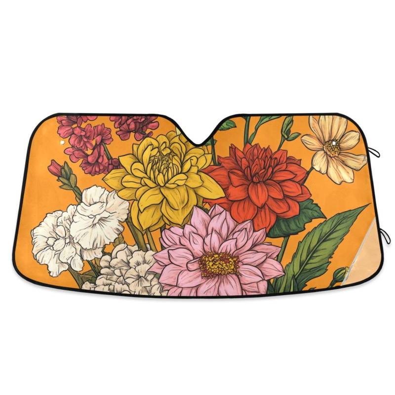 KLL Windschutzscheiben-Sonnenschutz, faltbar, Hitzeschutz, Tapasoles para carro, 140 x 70 cm, Blumen, Dahlie, Gardenie, Gladiolen, Orange von KLL