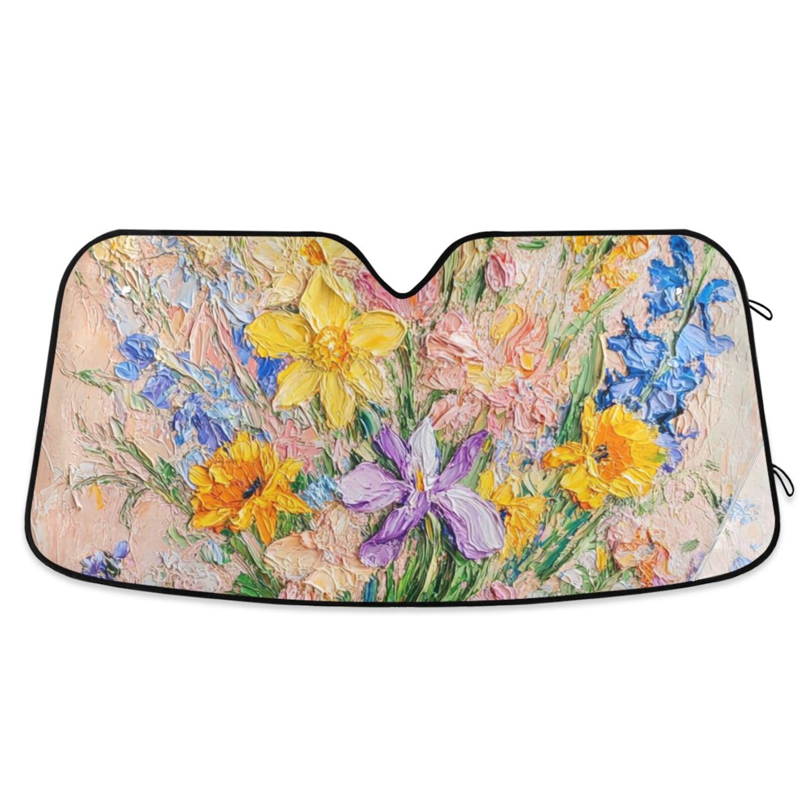 KLL Windschutzscheiben-Sonnenschutz, faltbar, faltbar, 134 x 59 cm, Frühlingsblumen, Narzissen, Iris, Sonnenblume, Blush von KLL