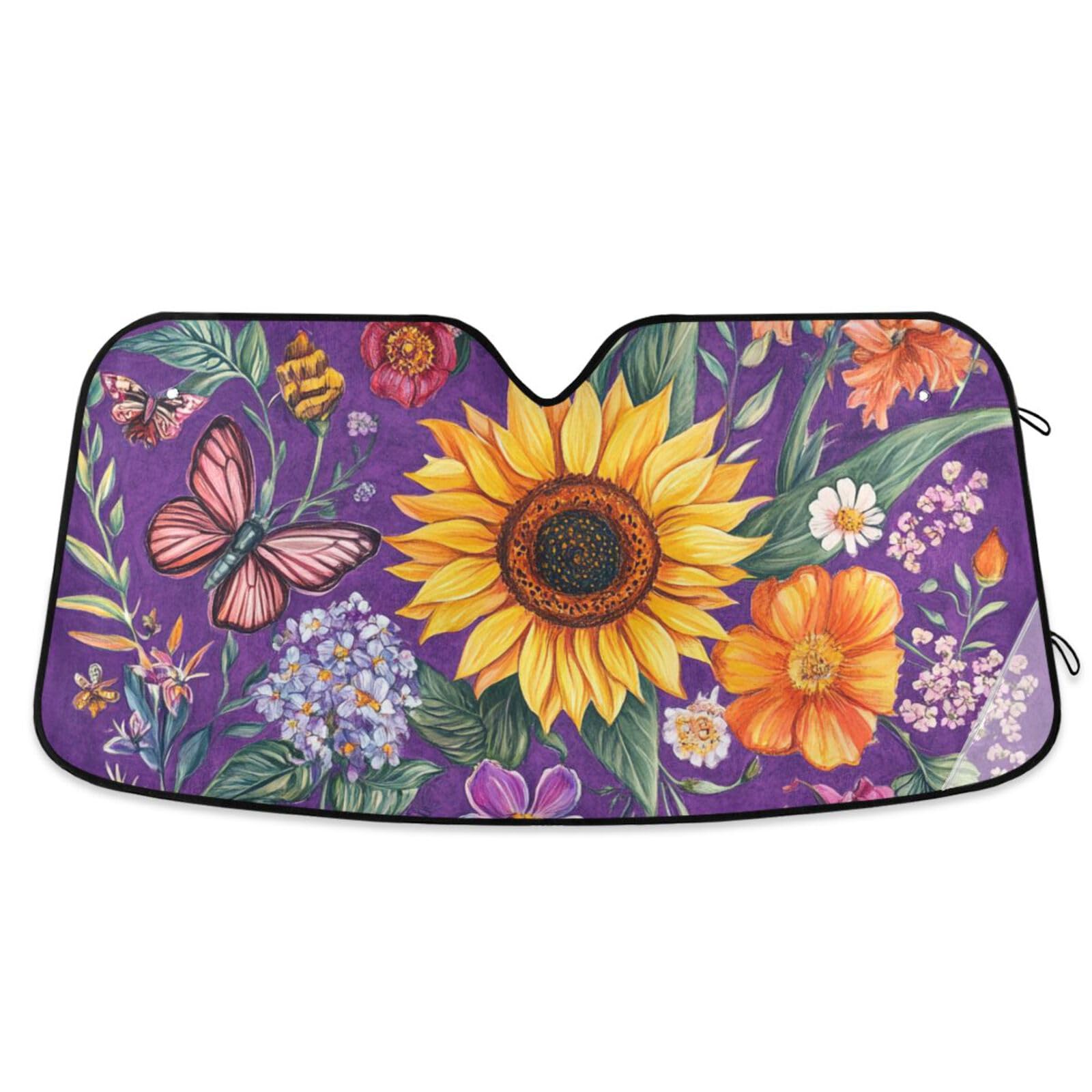 KLL Windschutzscheiben-Sonnenschutz für Damen, zusammenklappbar, Para Sol para Ventana de Casa, 140 x 70 cm, Sonnenblume, Orchidee, Schmetterlinge, Bienen, Violett von KLL