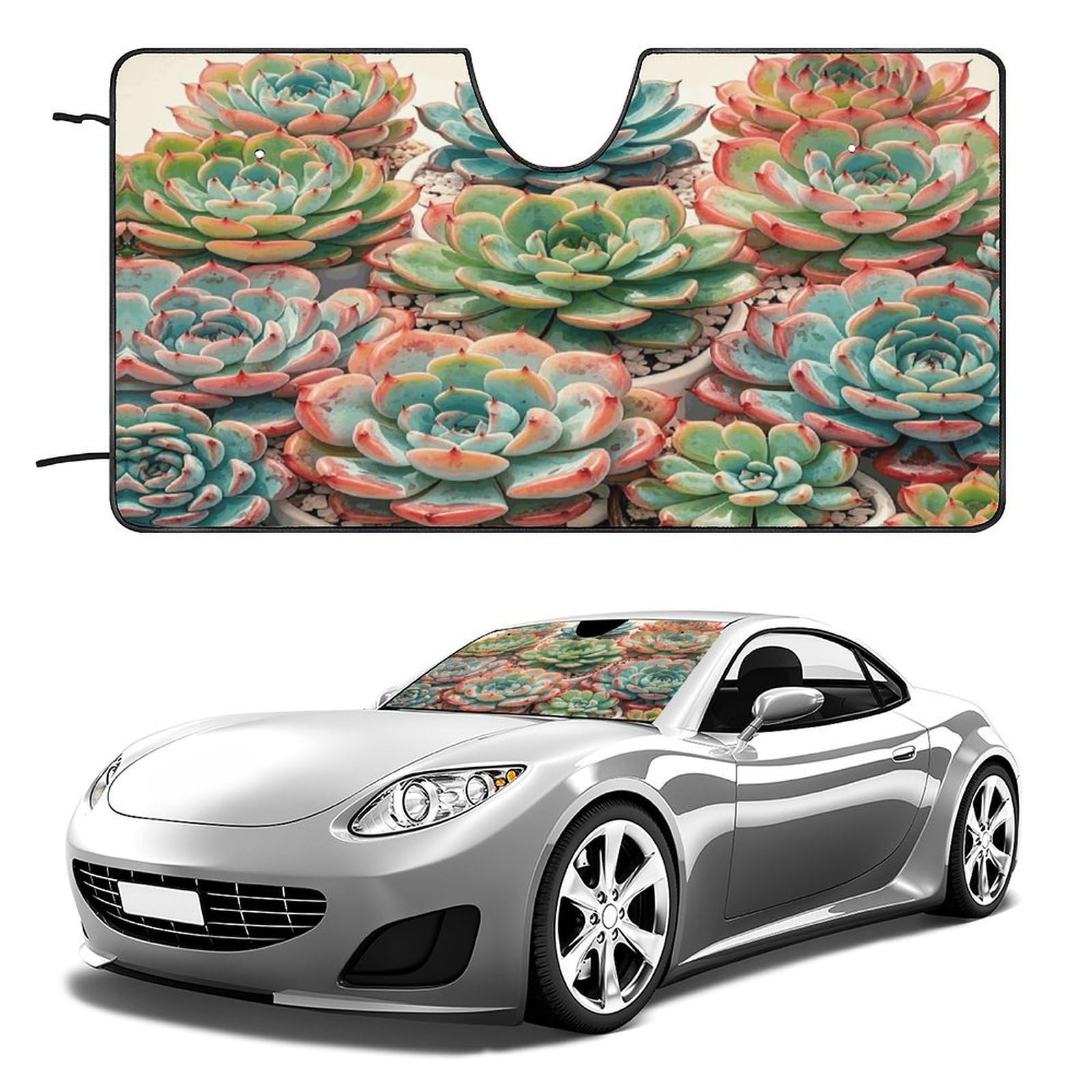 Auto-Sonnenschutztafel, Aquarell-Sukkulenten-Blumen-bedruckte Outdoor-Windschutzscheibenabdeckungen, Auto-Windschutzscheiben-Sonnenschutz ist perfekt für die meisten kompakten Autos von KLSVTMEA