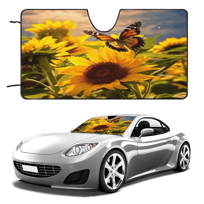 Auto-Sonnenschutztafel, Sonnenblumen-Schmetterling, bedruckte Outdoor-Windschutzscheibenabdeckungen, Auto-Windschutzscheiben-Sonnenschutz ist perfekt für die meisten kompakten Autos von KLSVTMEA