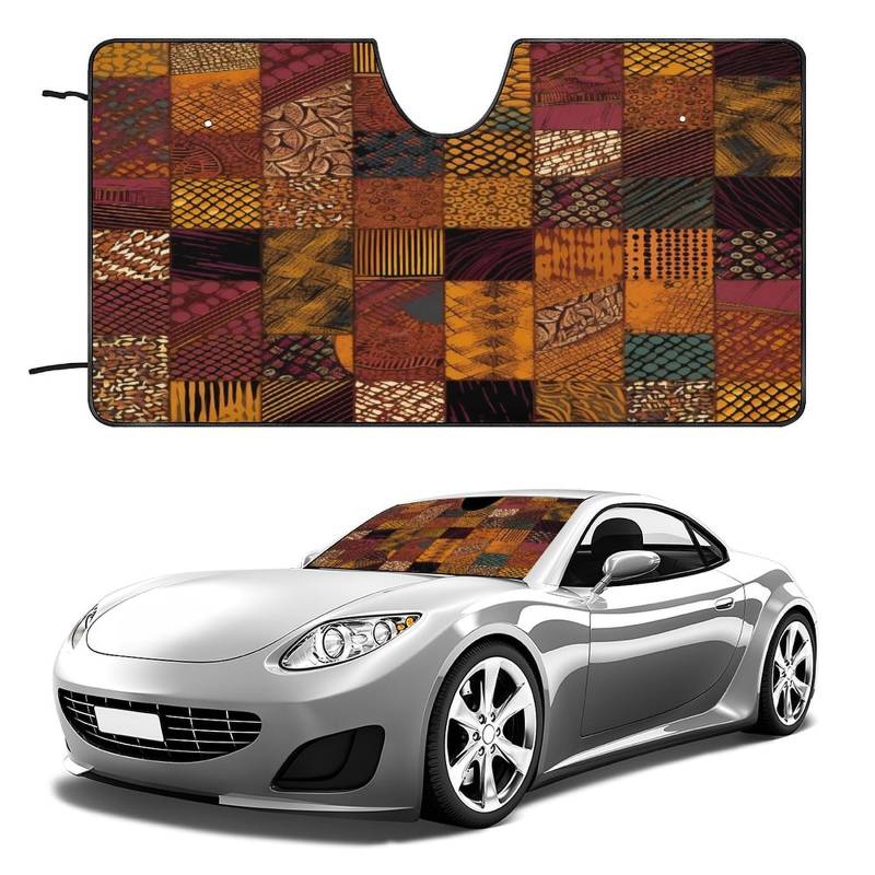 Auto-Sonnenschutztafel, afrikanischer Stil, Patchwork-bedruckte Outdoor-Windschutzscheibenabdeckungen, Auto-Windschutzscheiben-Sonnenschutz ist perfekt für die meisten kompakten Autos von KLSVTMEA