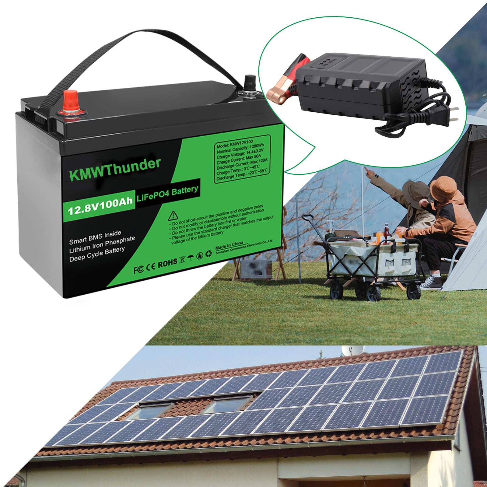 KMWThunder 12V 100Ah LiFePO4 Batterie, Lithium Akku 1280Wh & Ladegerät, Deep Cycle, mit BMS Schutz, zu 15000 Zyklen, Ideal für Motorhome, Solar & Boot, LiFePO4 Lithium Batterie von KMWThunder