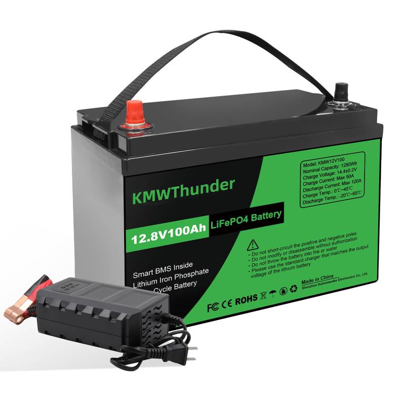 KMWThunder 12V 100Ah LiFePO4 Batterie, Lithium Akku 1280Wh & Ladegerät, Deep Cycle, mit BMS Schutz Max 15000 Zyklens, Ideal für Motorhome, Solar & Boot, LiFePO4 Lithium Batterie von KMWThunder