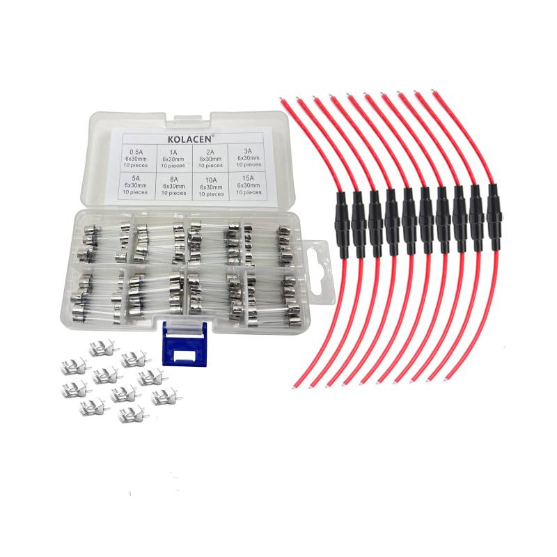 KOLACEN Auto Auto 6 x 30 mm Sicherungshalter 16 AWG Draht 10 Stück + 80 Stück schnelle flinke Glassicherung 6 x 30 mm 0,5 A 1 A 2 A 3 A 5 A 8 A 10 A 15 A + 10 Stück Sicherungsclips von KOLACEN