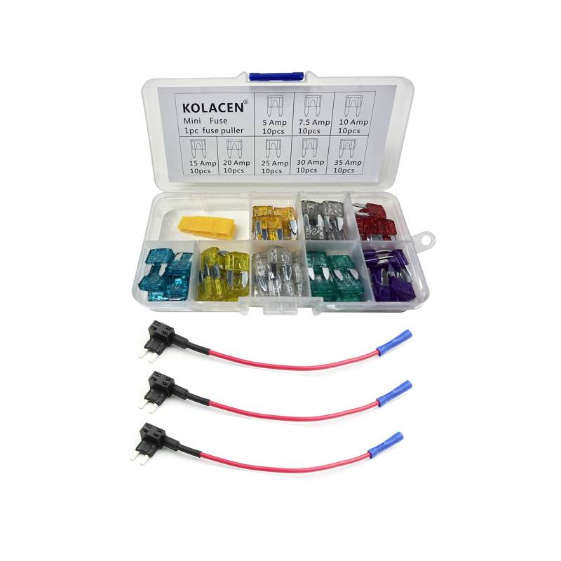 KOLACEN Automotive Auto Truck Mini Blade Typ Sicherung Assorted Kit 81 Stück + 3 Stück 16 Gauge Add-a-Schaltung Mini Fuse TAP Adapter von KOLACEN