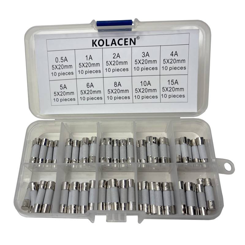 KOLACEN Quick Fast-Blow Keramik Tube Sicherung 5 x 20 mm Sortiert Kit 0,5 Amp 1 Amp 2 Amp 3 Amp 4 5 6 Amp 8 Amp 10 Amp 15 Amp (100 Stück) von KOLACEN