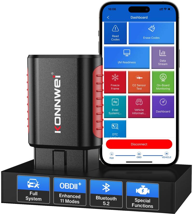 KONNWEI KDIAG Bluetooth 5.2 OBD2 Diagnosegerät Kompatibel mit iPhone und Android, Automotive Fehlercode Auslesegerät für Vollständige Systeme, Öl-Reset, Ausschalten von CEL, Leistungstest von KONNWEI