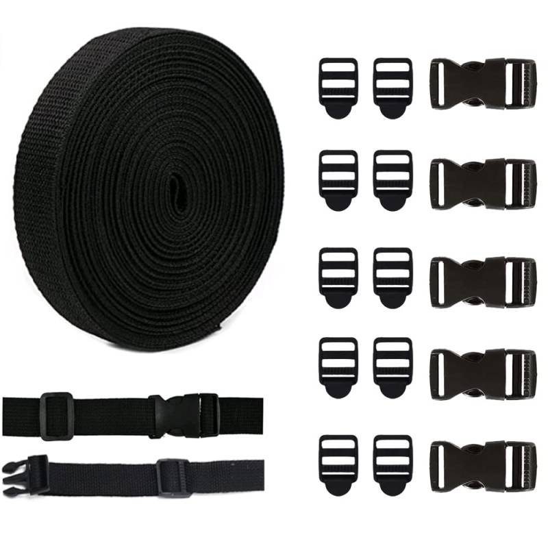 KOSHIFU 5M Gurtband 20mm Schwarz Nylon Gurtband mit Schnallen 15 Stück Steckschnalle Rucksack Schnalle Klippverschluss für Rucksack Gepäckgurten Tasche Hundehalsband von KOSHIFU