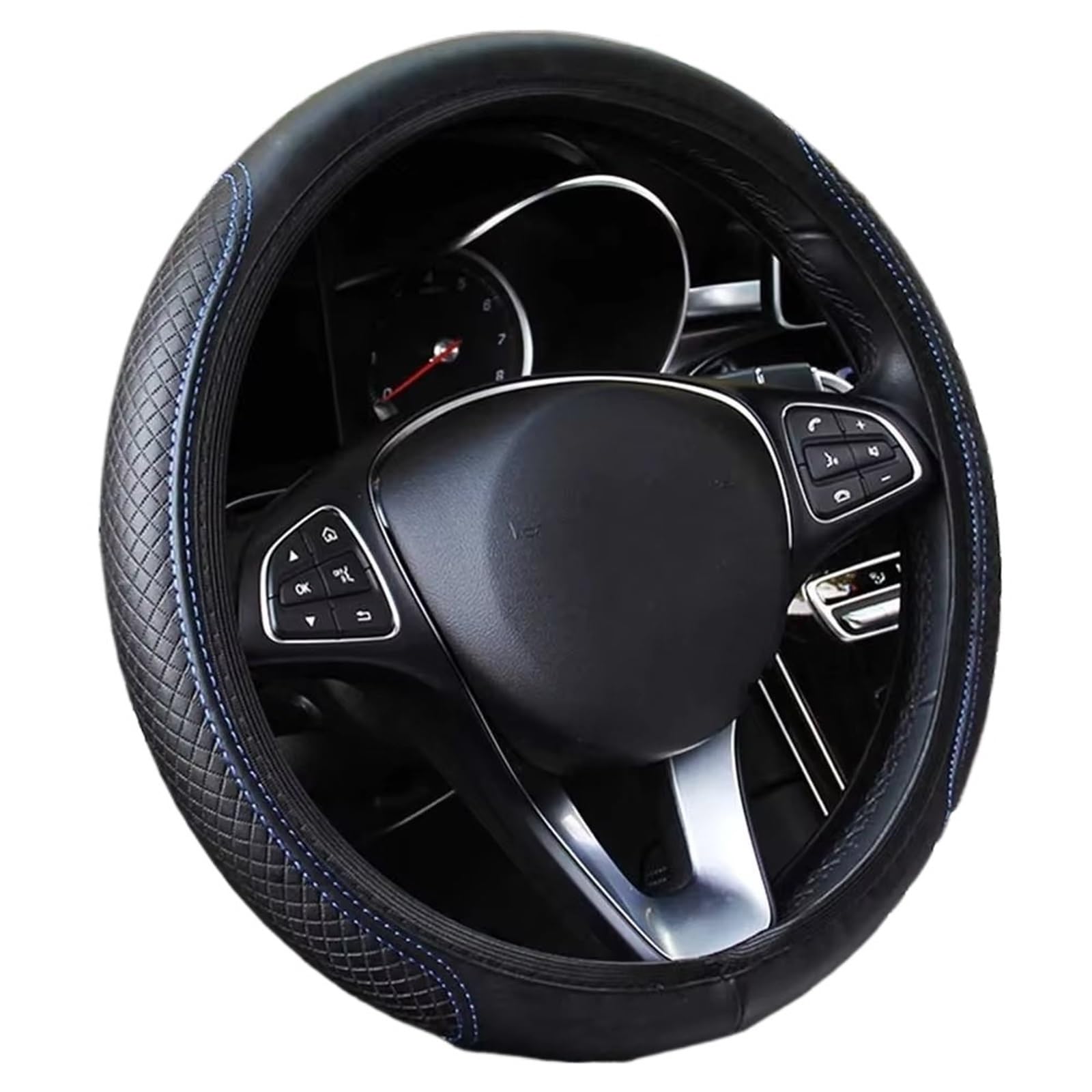 Car Steering Wheel Cover Leather Auto-Styling Autozubehör 37-39 cm Auto-Lenkradbezug Rutschfester Auto-Lenkradbezug Anti-Rutsch-Prägungsleder Universal Steering Wheel Cover(Black Blue) von KPVEVPSTQ