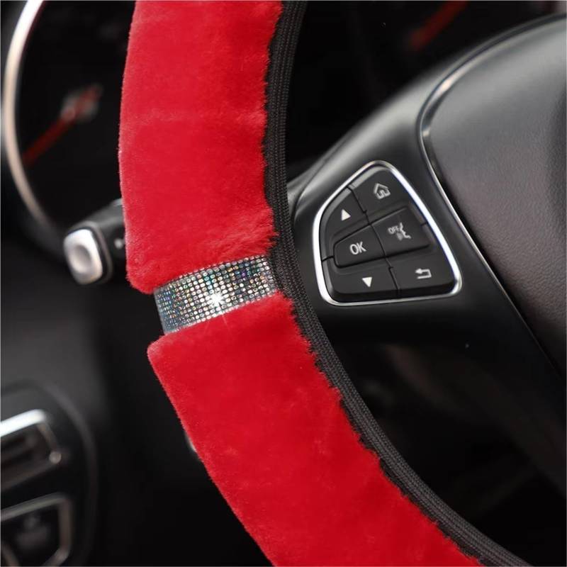 Car Steering Wheel Cover Leather Elastische Lenkradbezüge, Universell, 37–38 cm Durchmesser, Weicher Plüsch, Glitzernde Auto-Lenkradabdeckung, Auto-Innenzubehör Universal Steering Wheel Cover(Red) von KPVEVPSTQ