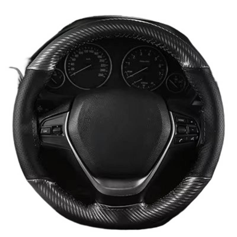 Car Steering Wheel Cover Leather Flechtstich Auf Wickel Mit Nadelfaden, 15 Zoll/38 cm, Weiches Faserleder, Auto-Lenkradbezug, Rutschfestes Lenkrad Universal Steering Wheel Cover(Black Thread) von KPVEVPSTQ