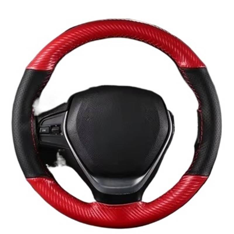 Car Steering Wheel Cover Leather Flechtstich Auf Wickel Mit Nadelfaden, 15 Zoll/38 cm, Weiches Faserleder, Auto-Lenkradbezug, Rutschfestes Lenkrad Universal Steering Wheel Cover(Red Thread) von KPVEVPSTQ