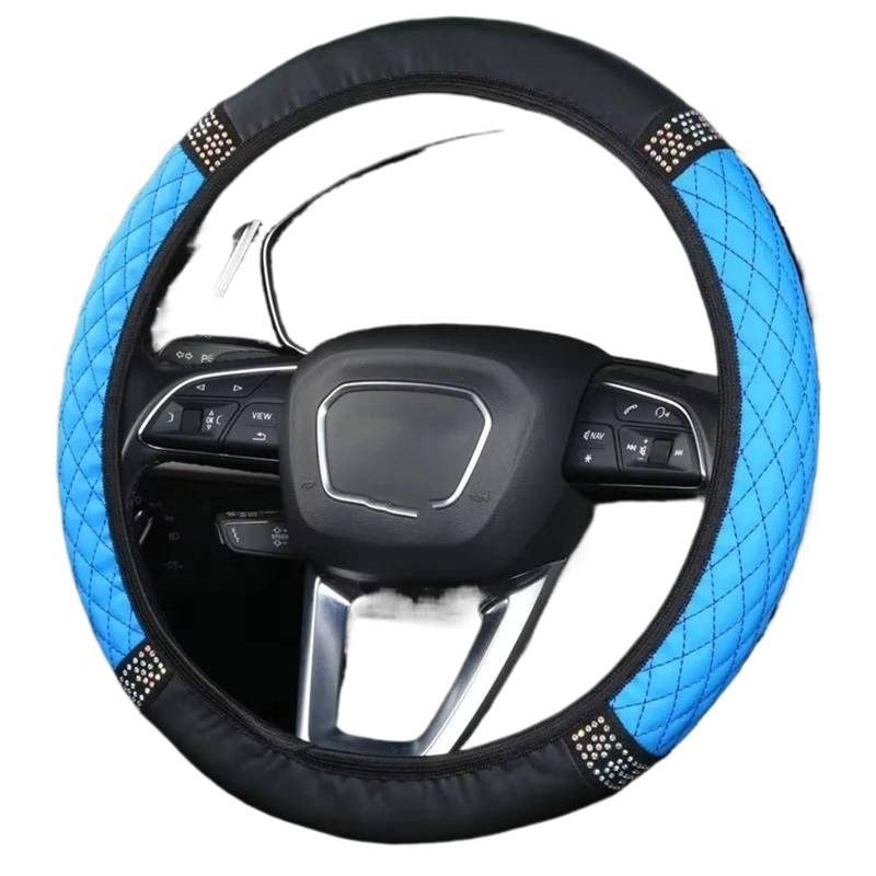 Car Steering Wheel Cover Leather Four Seasons Universal-Set, PU-Leder-Set, Diamant-Set, Atmungsaktiv, rutschfest, Auto-Lenkradbezug Universal Steering Wheel Cover(Blue Drill) von KPVEVPSTQ