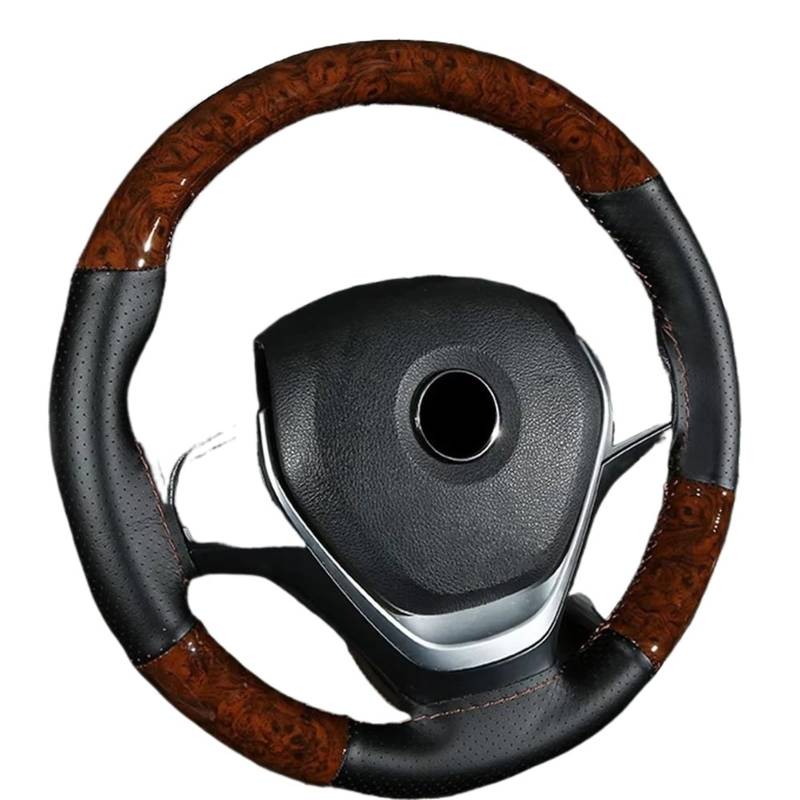 Car Steering Wheel Cover Leather Verschleißfestes Auto-Innenraum-Styling, 38 cm/Teile, Auto-Lenkradbezug, Universell, Holzmaserung, Handnähen, Leder, rutschfest Universal Steering Wheel Cover von KPVEVPSTQ