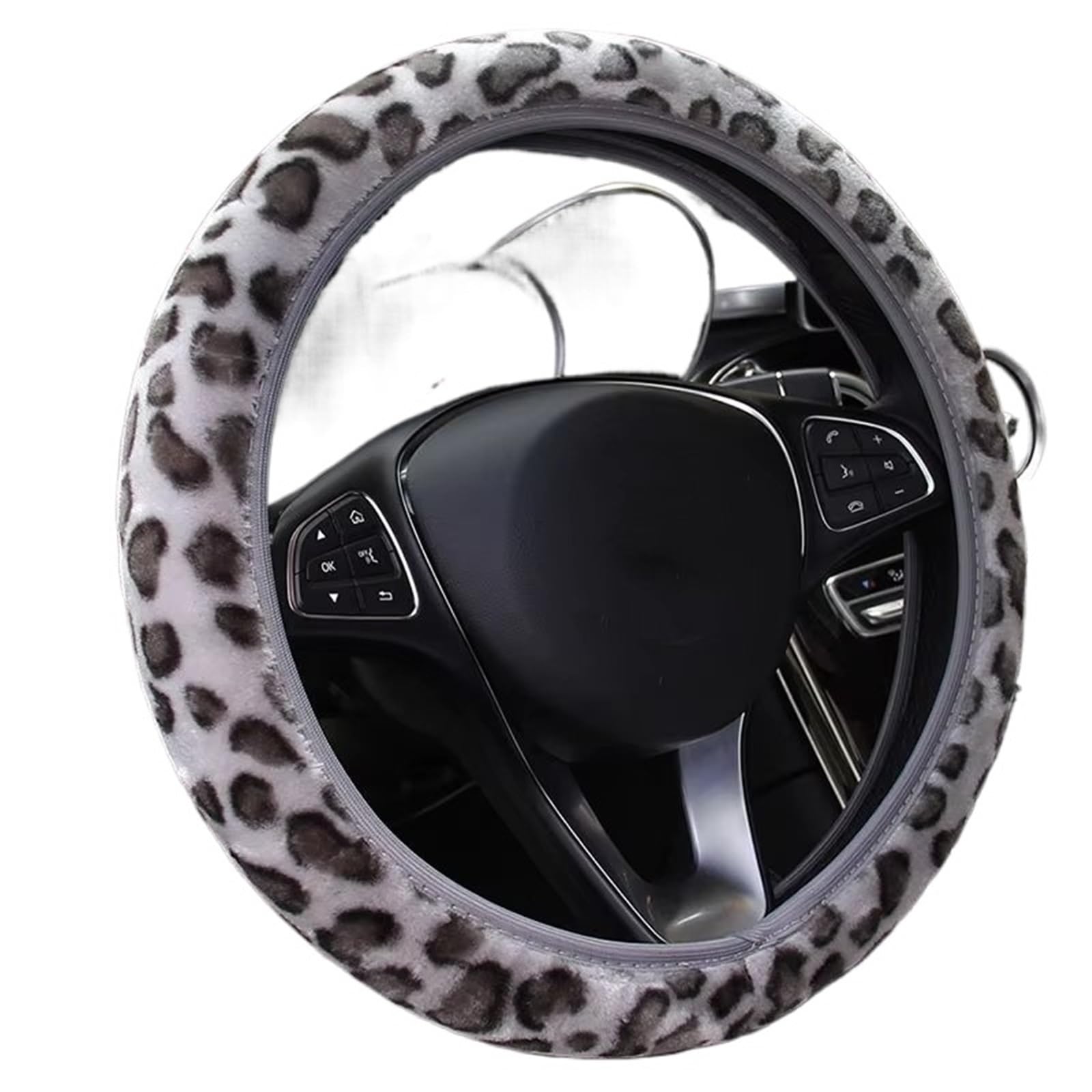 Car Steering Wheel Cover Leather Winterfell Warmes Und Weiches Auto-Innenzubehör Universal-Lenkrad-Plüsch-Leoparden-Auto-Lenkradbezüge Universal Steering Wheel Cover(Gray) von KPVEVPSTQ