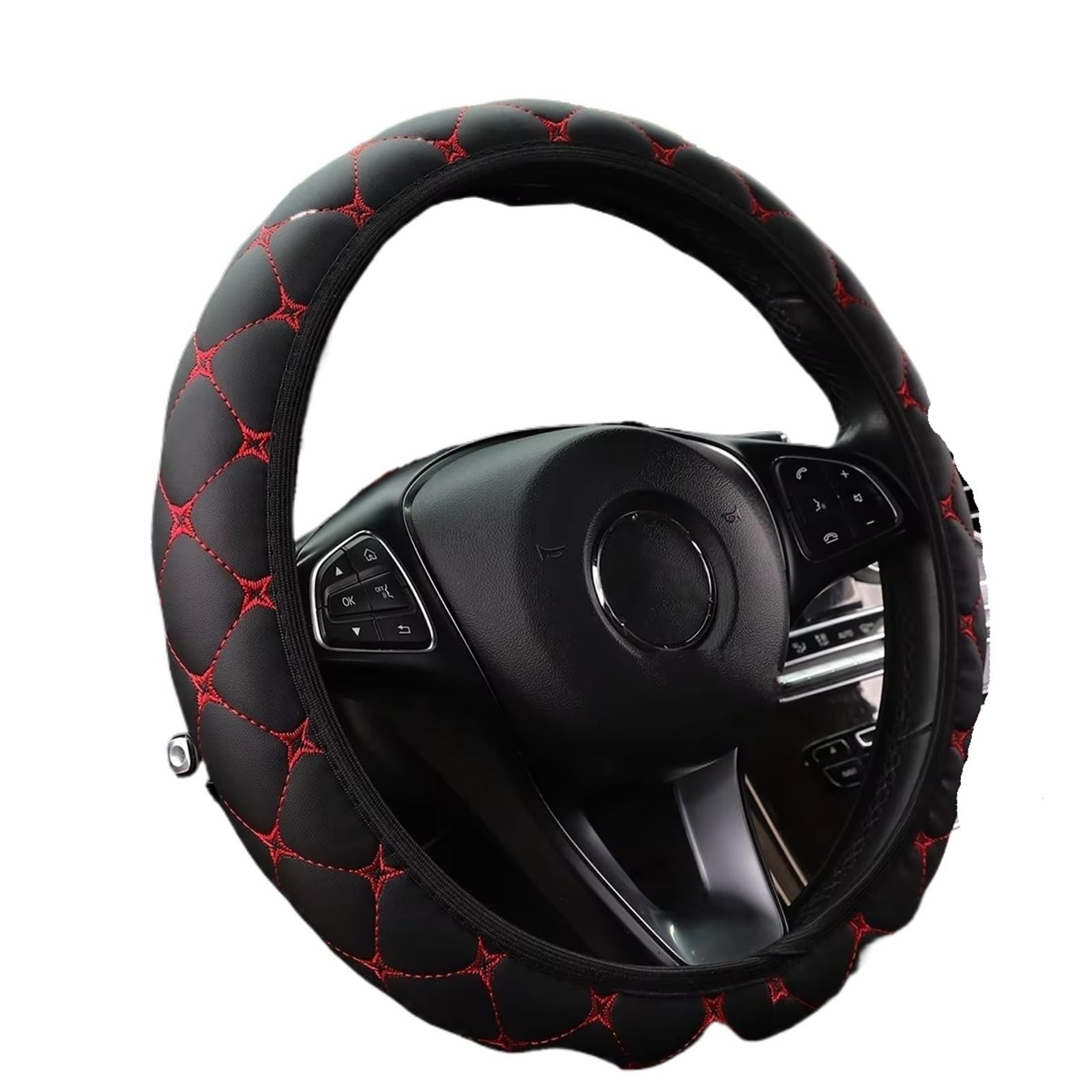 Car Steering Wheel Cover Leather Zubehör Innenausstattung Für Männer Und Frauen, Bestickte Auto-Lenkradabdeckung Ohne Innenring, Passend Für 15-Zoll-Automobile Universal Steering Wheel Cover(BK red) von KPVEVPSTQ