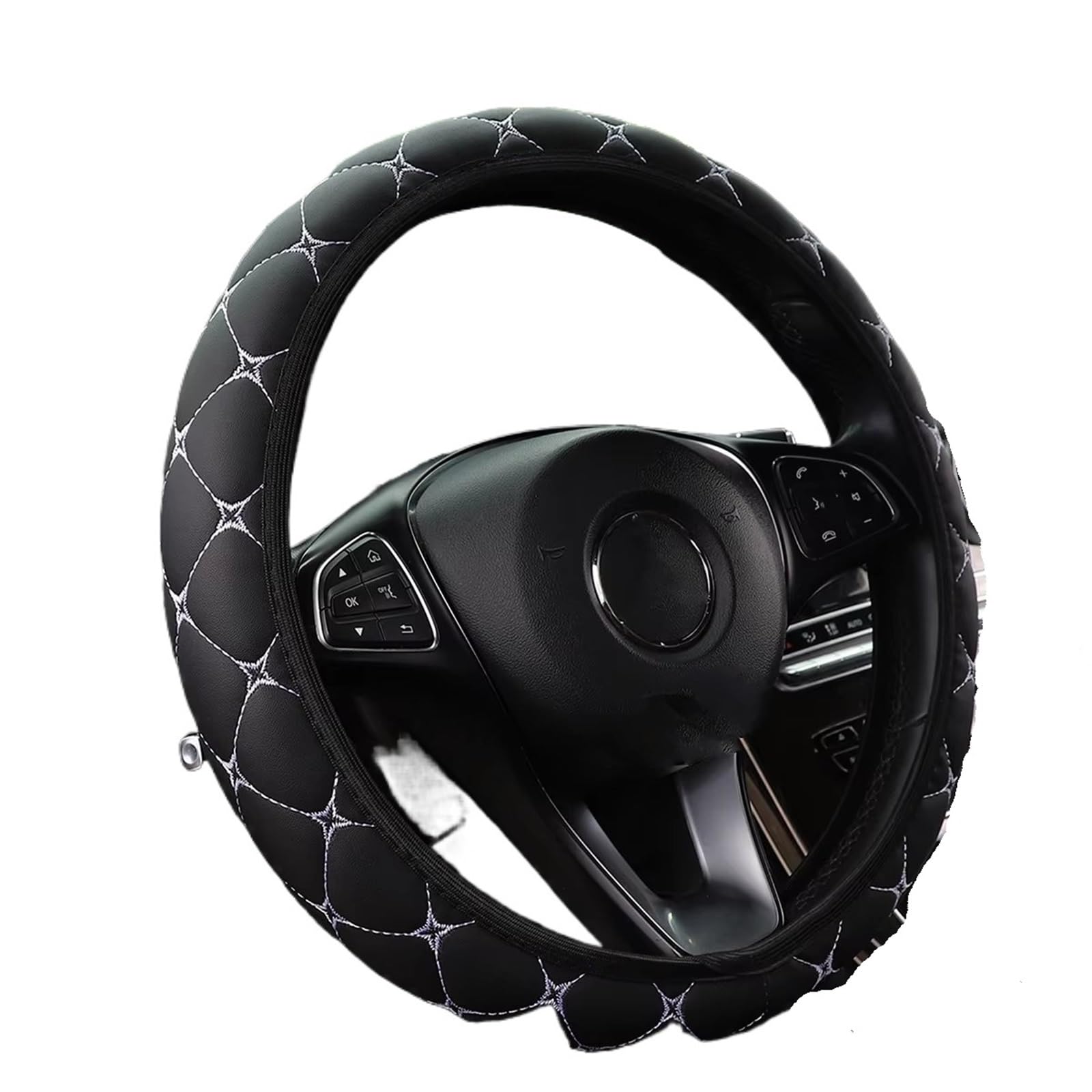 Car Steering Wheel Cover Leather Zubehör Innenausstattung Für Männer Und Frauen, Bestickte Auto-Lenkradabdeckung Ohne Innenring, Passend Für 15-Zoll-Automobile Universal Steering Wheel Cover(BK white) von KPVEVPSTQ