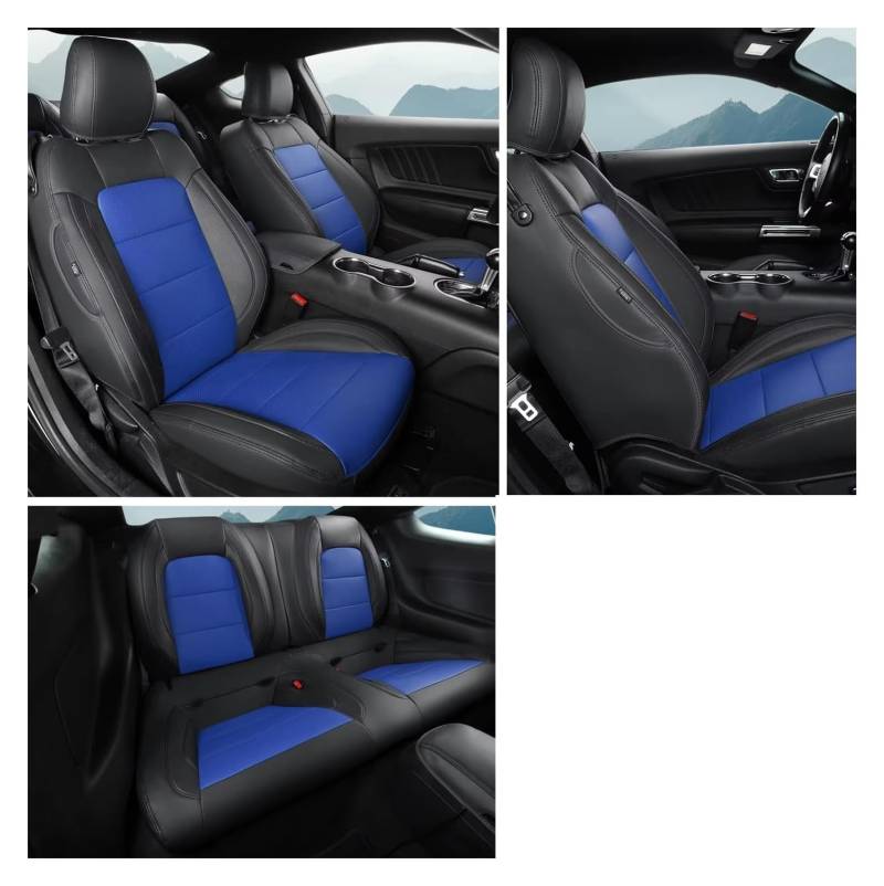 KPVEVPSTQ sitzschoner Schonbezug Autositz Auto Sitz Abdeckung Für Mustang Für Coupe 2015-2024 Leder Auto Sitz Schutzhülle Auto Zubehör Autositzbezüge Sitzbezug(Black Blue-B) von KPVEVPSTQ