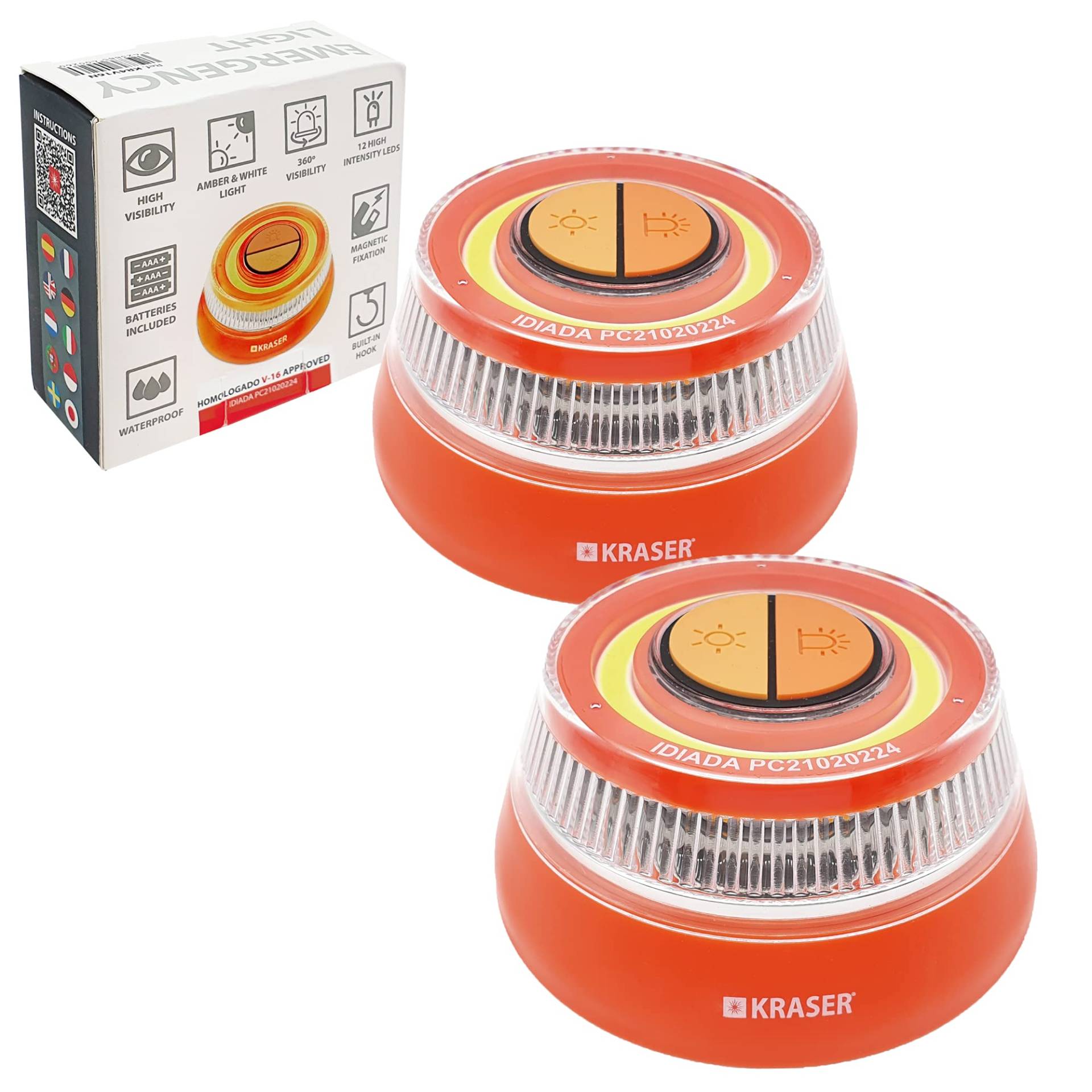 KRASER KR4V16NP2 Packung mit 2 LED-Licht Taschenlampe, orange und weiße Beleuchtung, magnetische Magnetbefestigung, Aufhänger, AAA-Batterien im Lieferumfang enthalten von KRASER