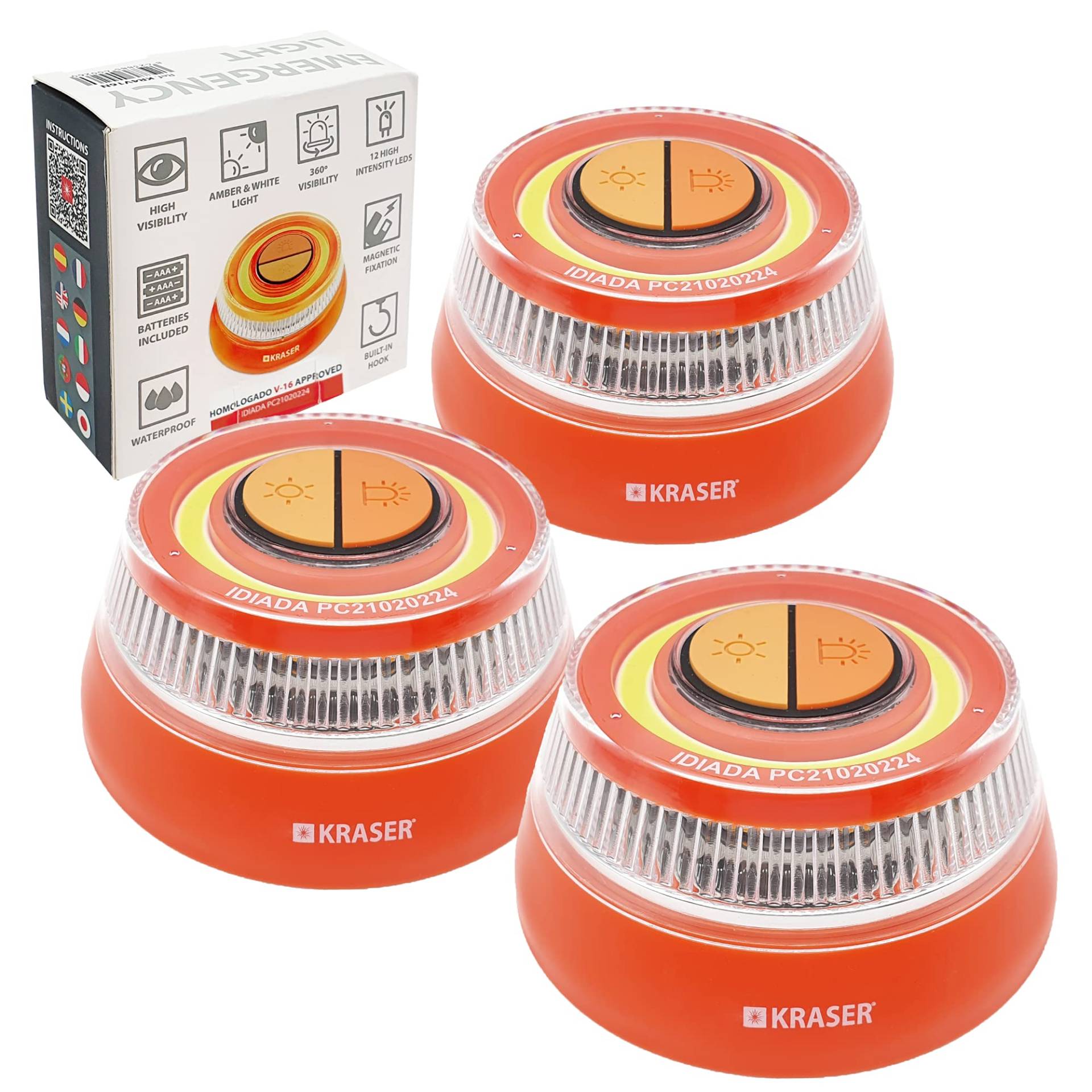 KRASER KR4V16NP3 Packung mit 3 LED-Licht Taschenlampe, orange und weiße Beleuchtung, magnetische Magnetbefestigung, Aufhänger, AAA-Batterien im Lieferumfang enthalten von KRASER