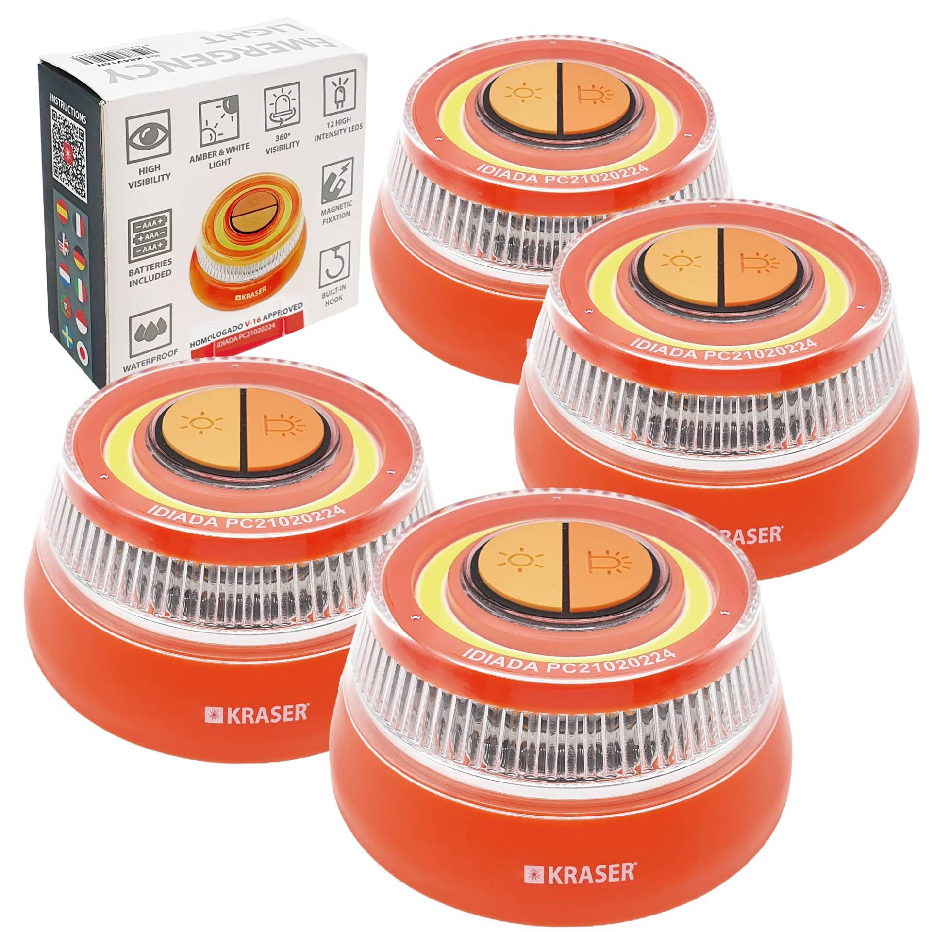 KRASER KR4V16NP4 Packung mit 4 LED-Licht Taschenlampe, Orange und Weiße Beleuchtung, Magnetische Magnetbefestigung, Aufhänger, AAA-Batterien im Lieferumfang Enthalten von KRASER