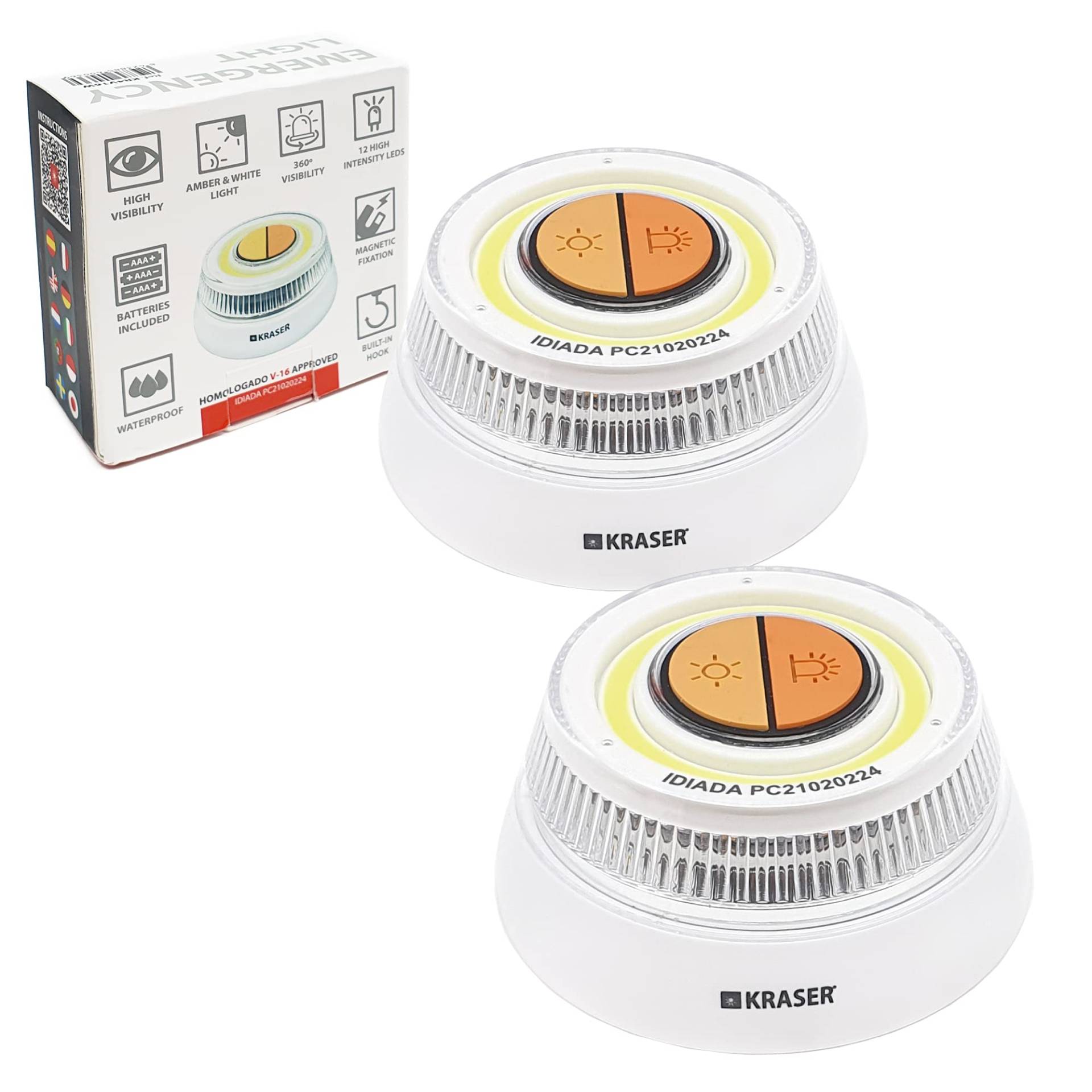 KRASER KR4V16WP2 Pack 2 LED-Licht Straßen-Taschenlampe, orange und weiße Beleuchtung, magnetische Magnetbefestigung, Aufhänger, AAA-Batterien im Lieferumfang enthalten, Sicherheit von KRASER