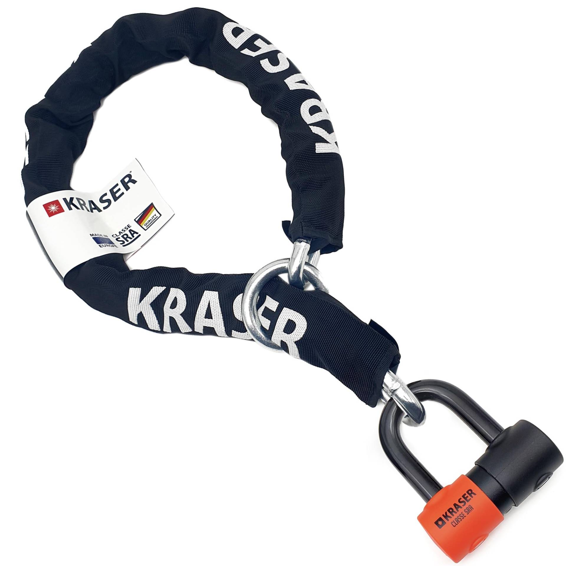 KRASER KR50120L Kettenschloss Schloß Motorrad-Scheibensperre gegen Diebstahl Mini U ø18 + Kette 120cm ø13,5mm mit Schleifensystem Sicherheitskit Zugelassene SRA Diebstahlsicherer Motorradroller von KRASER