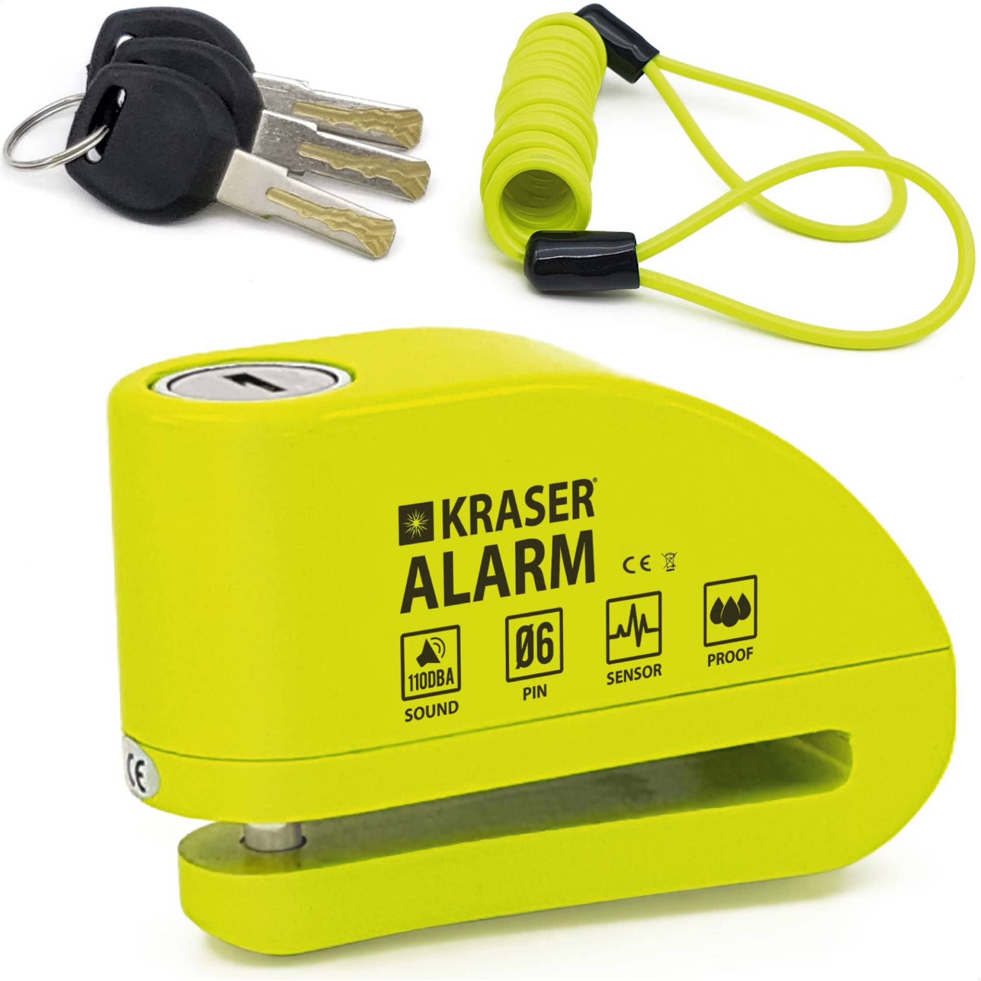 KRASER KR6Y Bremsscheibenschloss mit Alarm 110dB, Verstärkt, Wasserdicht, Erinnerungskabel Transporttasche Zubehör, Motorradschloss Universal Vespa E-bike, Motorrad Schloss, Fahrradschloss von KRASER