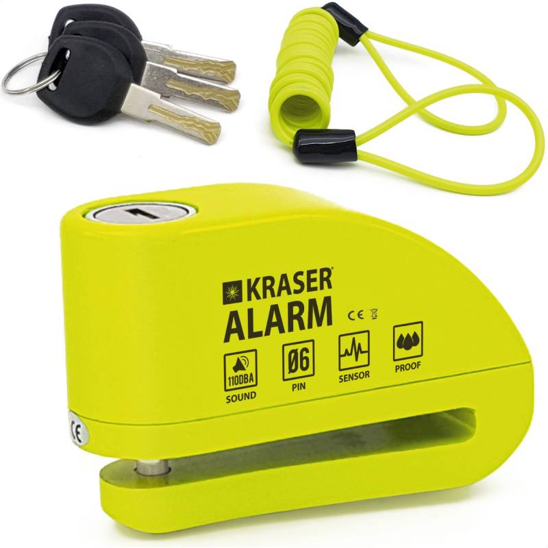 KRASER KR6Y Bremsscheibenschloss mit Alarm 110dB, Verstärkt, Wasserdicht, Hochsicherheits Motorradschloss, 1.5m Rückrufkabel Schlosstasche Zubehör, Universal Motorrad Schloss, E-bike Fahrradschloss von KRASER