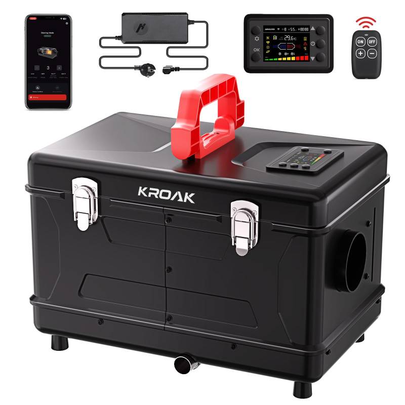 KROAK 8kW Luft Dieselheizung Toolbox Compact 2, 12/24V DC & 220-240V AC Tragbare Diesel Standheizung, Dieselheizung mit Bluetooth APP & Adapter, Diesel Heizung für Auto, LKW, RV von KROAK