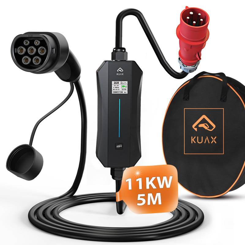 KUAX Typ 2 Ladekabel CEE 11kW mit Display Dreiphasig Elektrofahrzeug Ladekabel | 5 Meter | 6A-16A Stromadapter | IP65 | IEC-62192-2 (Schwarz) von KUAX