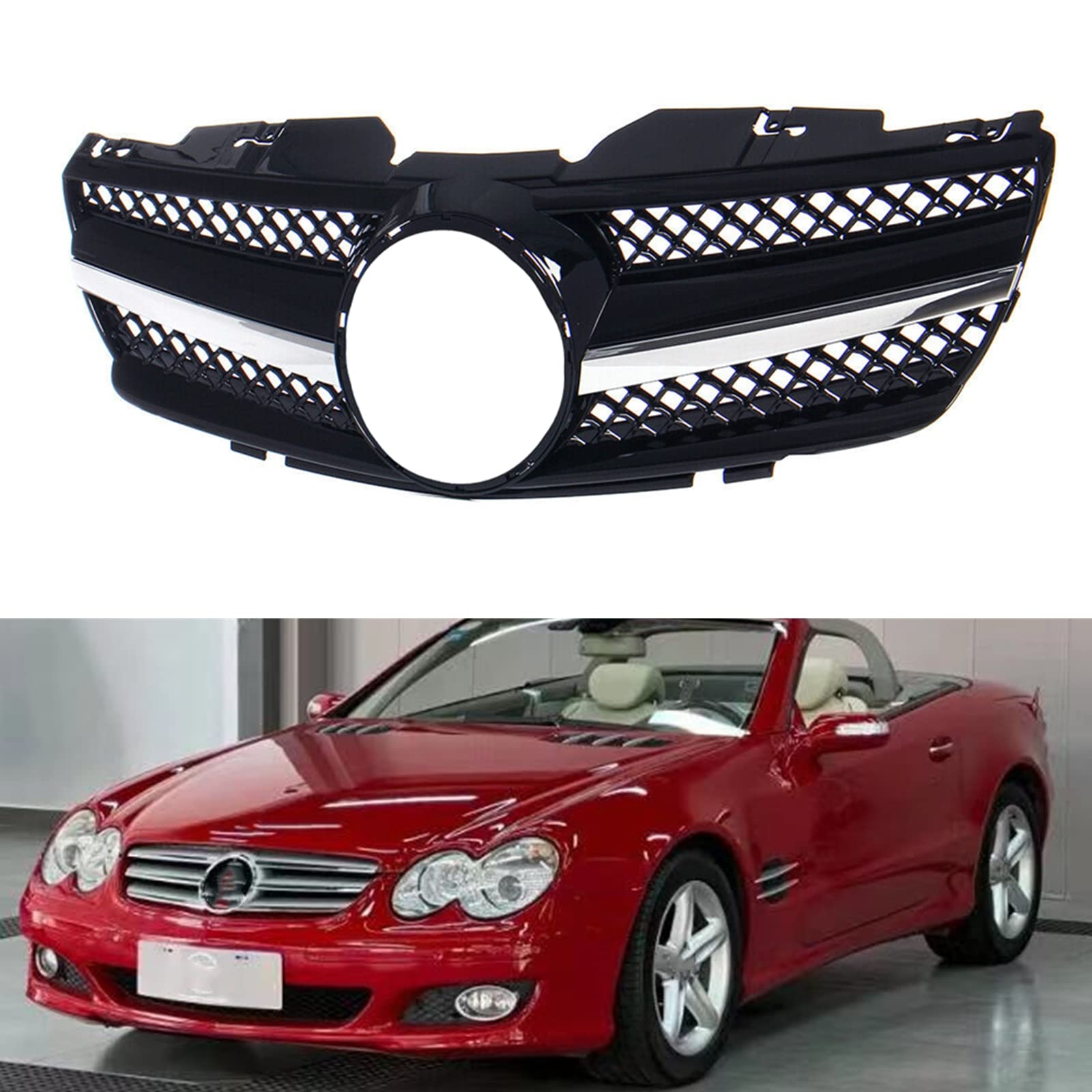 Kühlergrill für Mercedes Benz R230 SL500 SL550 SL600 2003-2006, Schwarz von KUBYMOTO