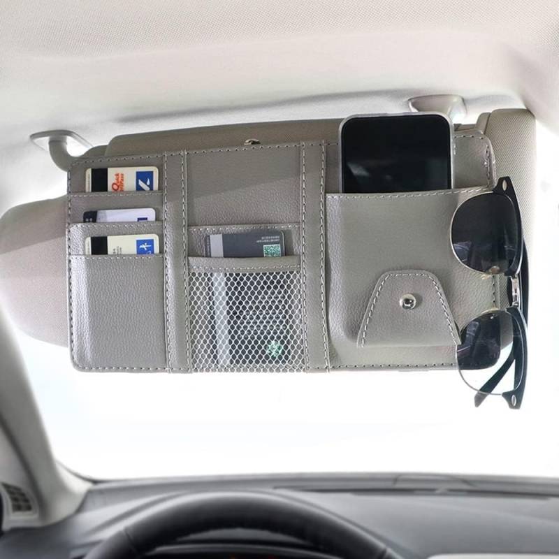 Auto Organizer Sonnenblende - Leder Visier-Organizer Für Karten, Schlüssel, Handy, Sonnenbrille Und Dokumente - Praktischer Auto-Interieur Organizer Mit 6 Fächern & Brillenclip von KUEEA