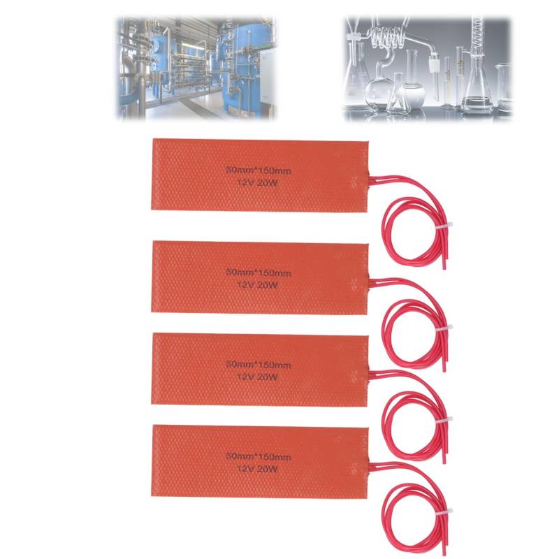 12V 20W Silikon Heizkissen 4 Stück,120-150°C Temperaturbereich Schnelle Erwärmung 50x150mm Flexible Heizmatte Silikon Heizmatte für Industrieanlagenrohre von KUIDAMOS