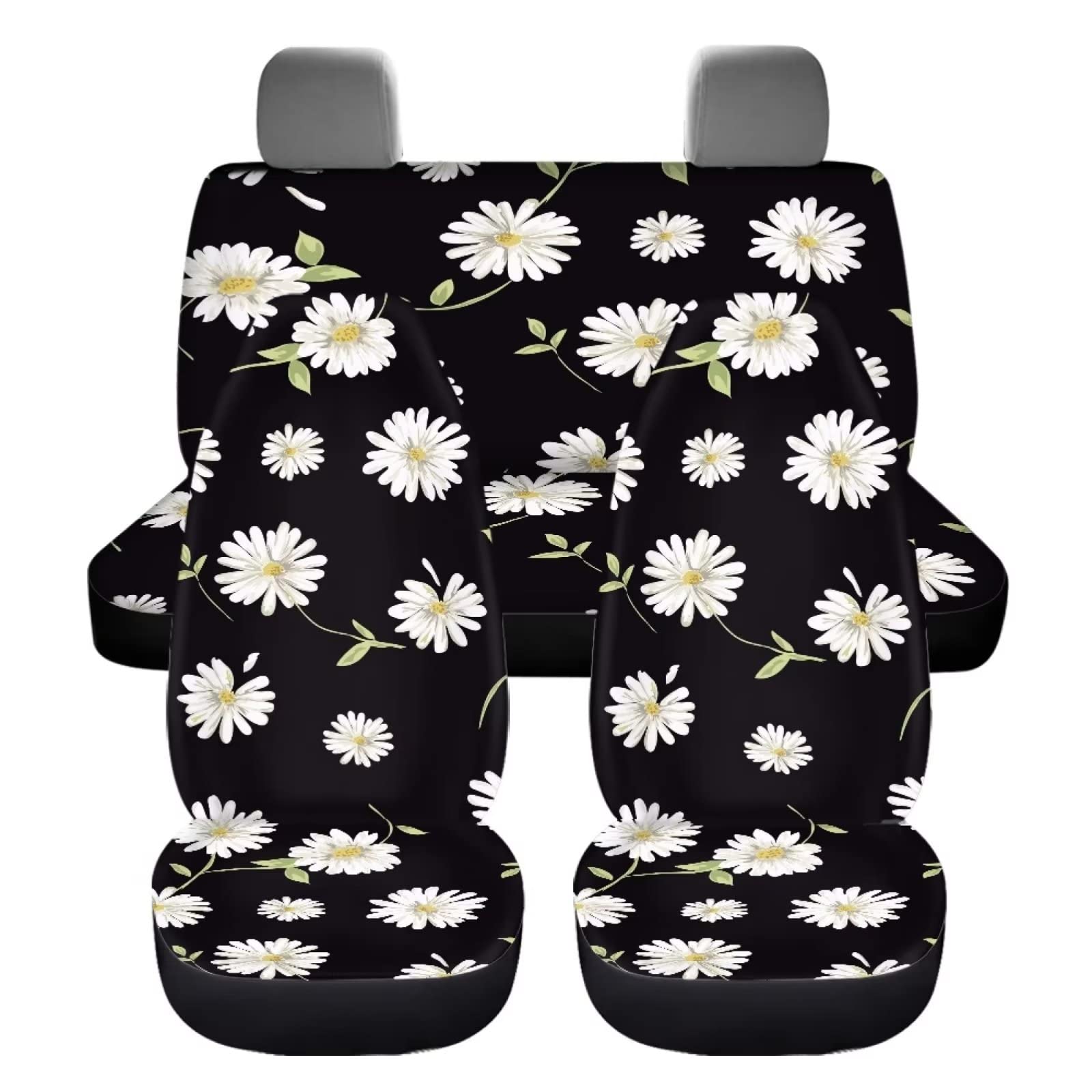 KUIFORTI Daisy Auto-Innenzubehör, komplettes Set, schwarzes Gänseblümchen-Autositzbezug-Set, elastischer Autositzschutz für vorne und hinten, 4er-Pack, Frauen Mädchen Universal Schalensitzschoner Set von KUIFORTI