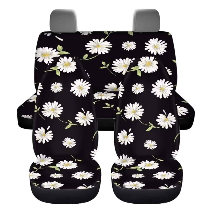 KUIFORTI Daisy Auto-Innenzubehör, komplettes Set, schwarzes Gänseblümchen-Autositzbezug-Set, elastischer Autositzschutz für vorne und hinten, 4er-Pack, Frauen Mädchen Universal Schalensitzschoner Set von KUIFORTI